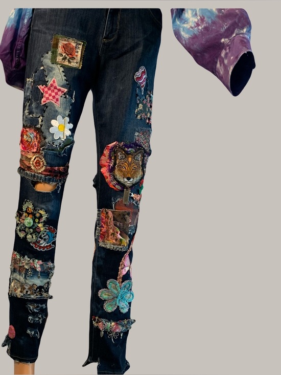 Upcycled Denim - Upcycled Patchwork and Patched Embellished Dark Blue Cigarette Cut Denim Jeans